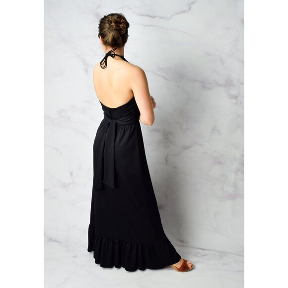 1970s Spiderweb Halter Dress Size Small 70s Halter Gown Vintage Black Maxi Dress - Picture 4 of 9